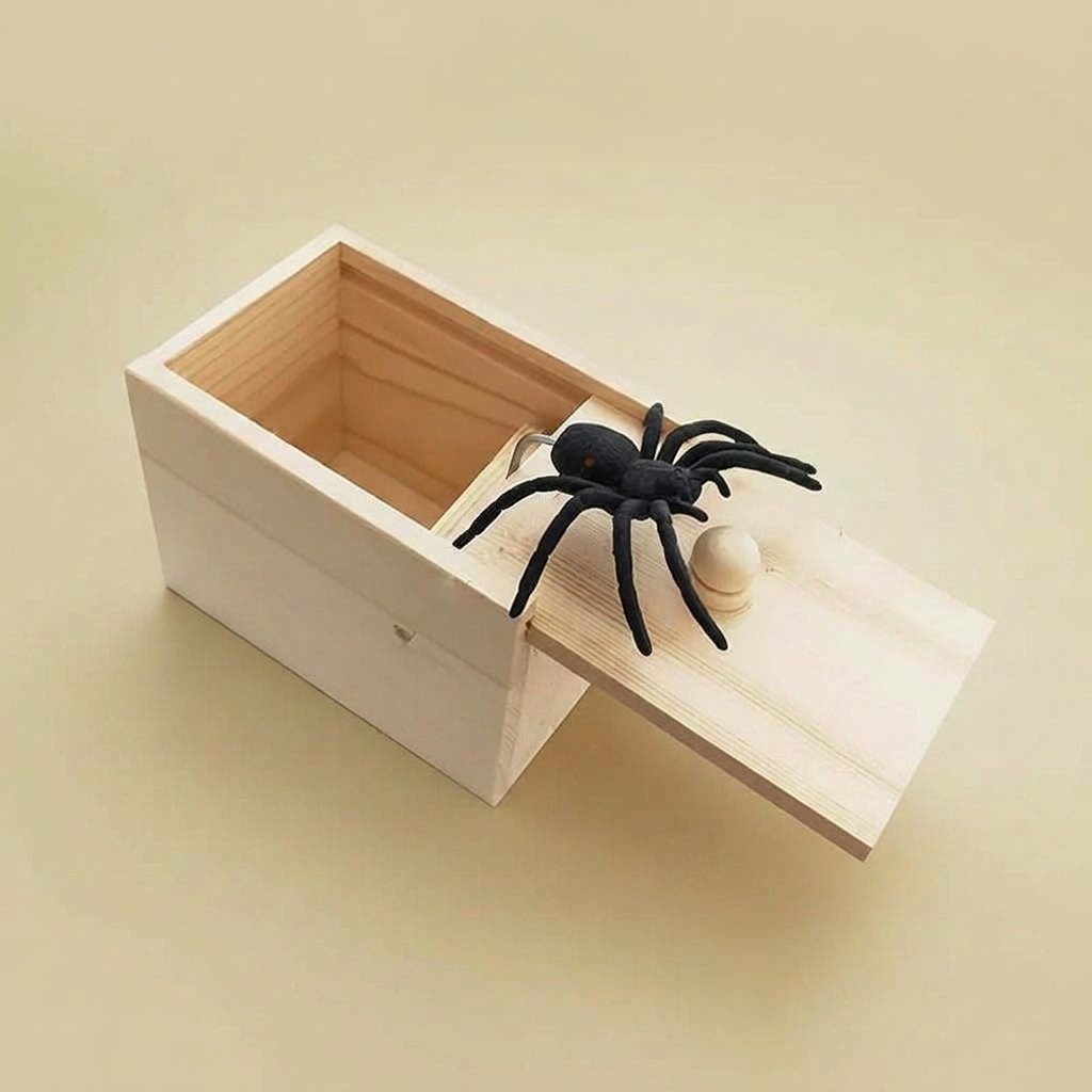 Wooden Spider Jump-Scare Prank Box with Spring Mechanism