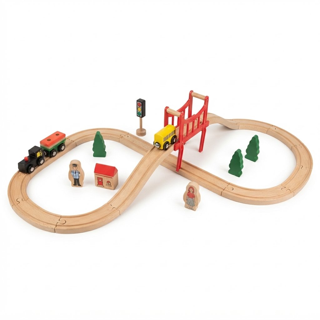 Wooden Train Track Set with Bridge, 39 Pieces