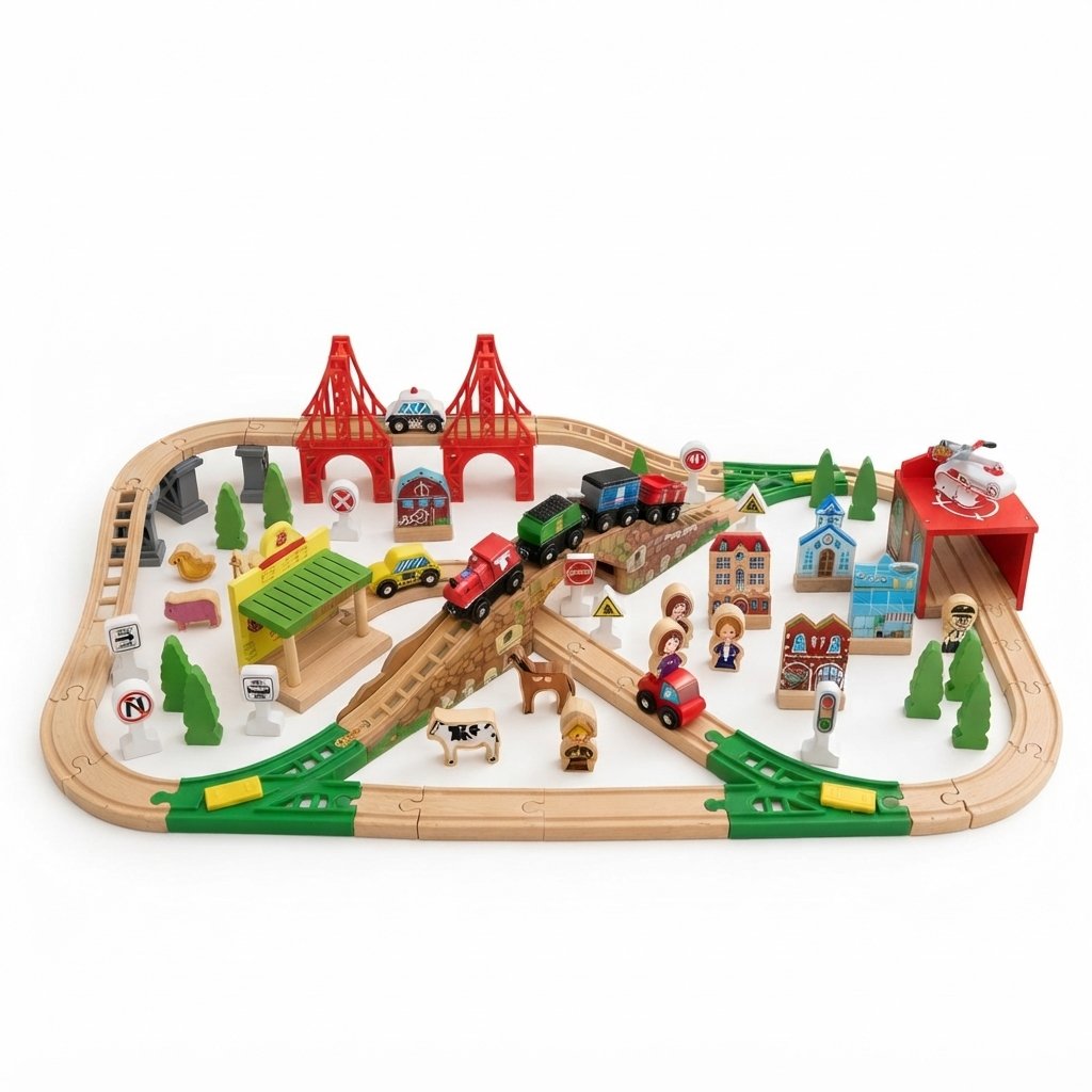 Wooden Train Track Set with Bridges, Vehicles & Buildings