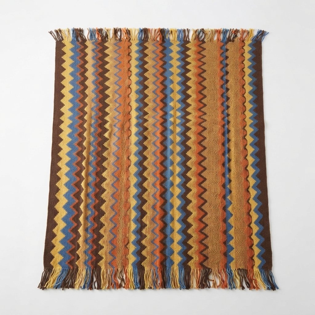 Zigzag Knitted Throw Blanket with Tassels, Boho Style