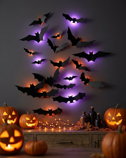 3D Bat Wall Decals with LED Backlights – Peel and Stick Halloween Wall Decoration