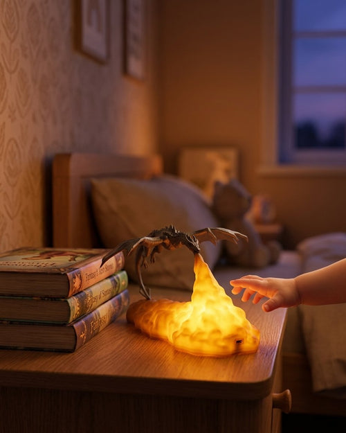 3D Printed Dragon Night Light with LED Fire Glow Base – Tabletop Room Decoration