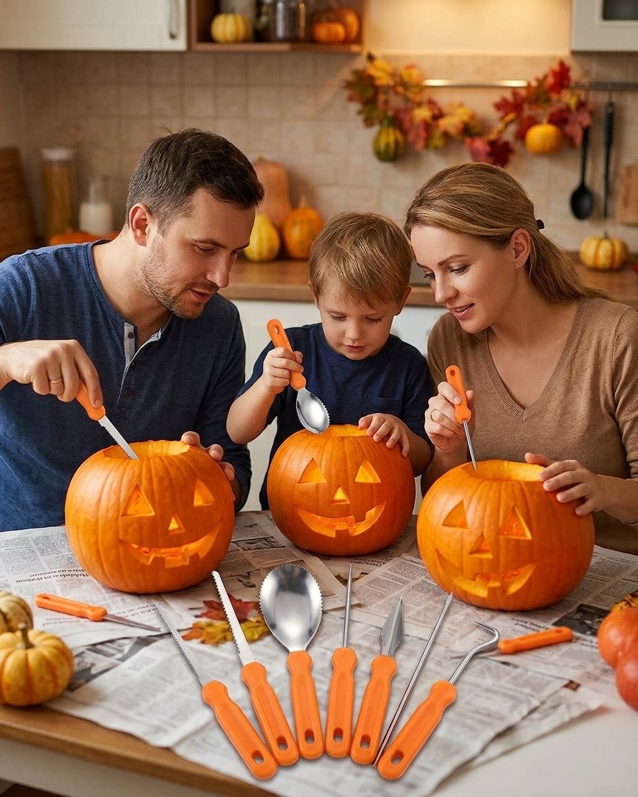 7-Piece Halloween Pumpkin Carving Tool Set with Stainless Steel Blades and Serrated Saw