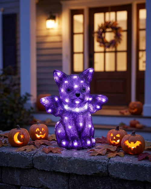 Acrylic LED Halloween Bat-Cat Figure with Purple Lights and Timer – Indoor and Outdoor Decoration