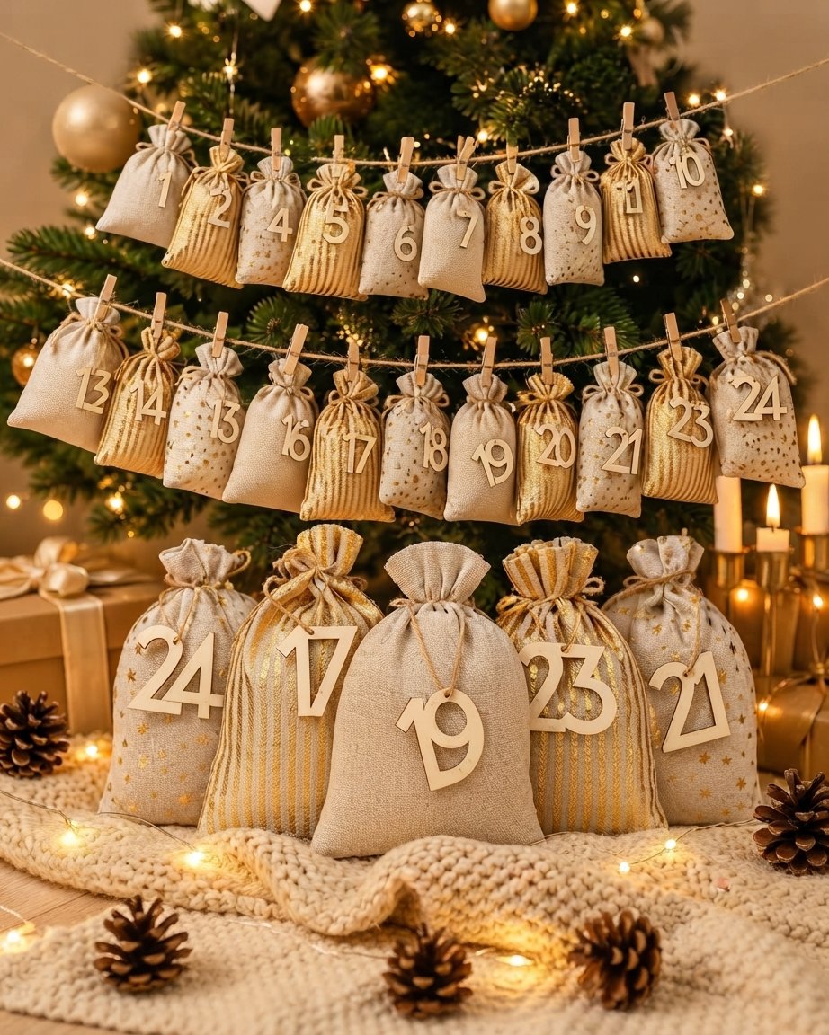 Advent Calendar Fabric Bags Set with Wooden Numbers, 24 Bags