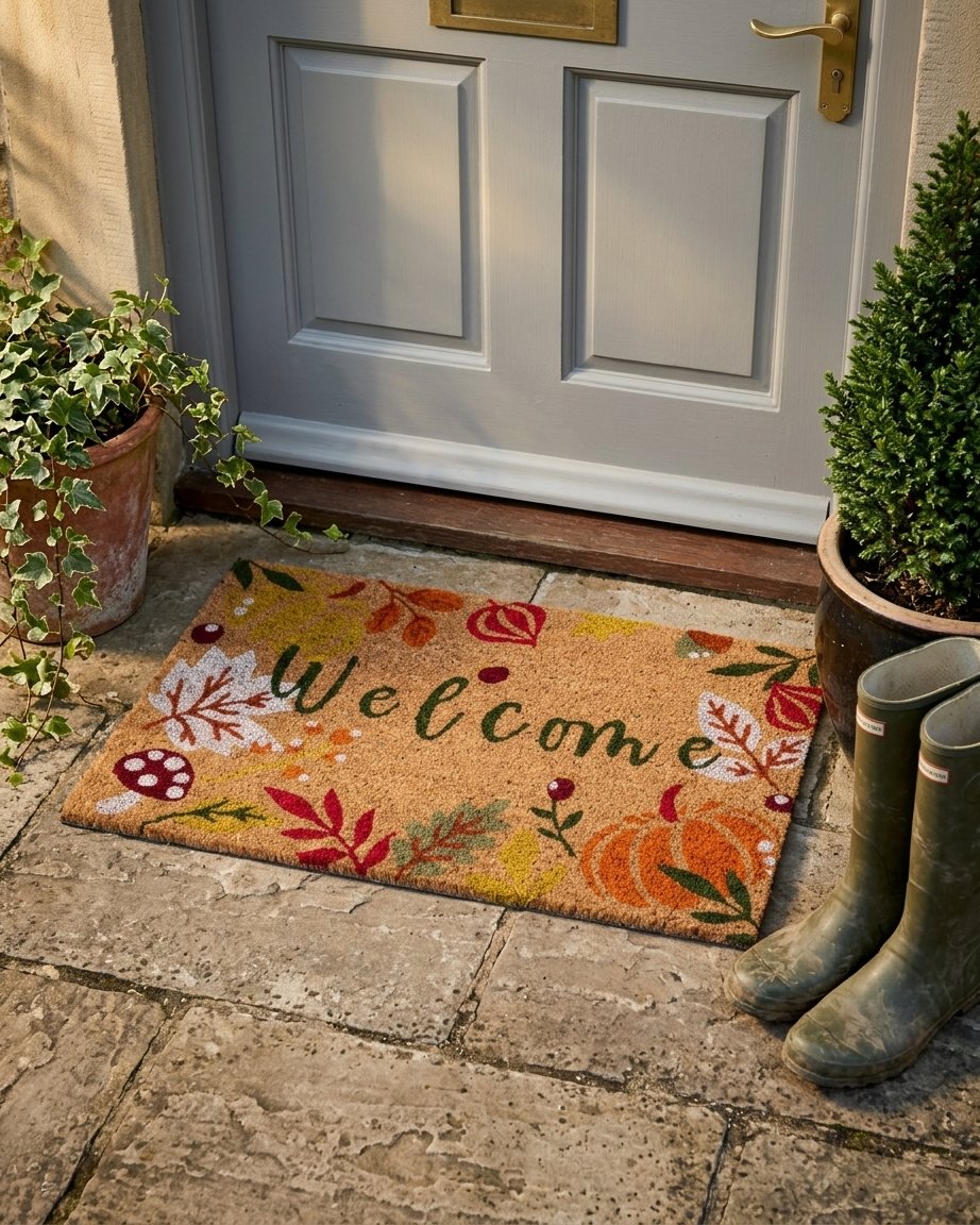 Autumnal Welcome Coir Doormat with Leaves, Pumpkins and Mushroom Print