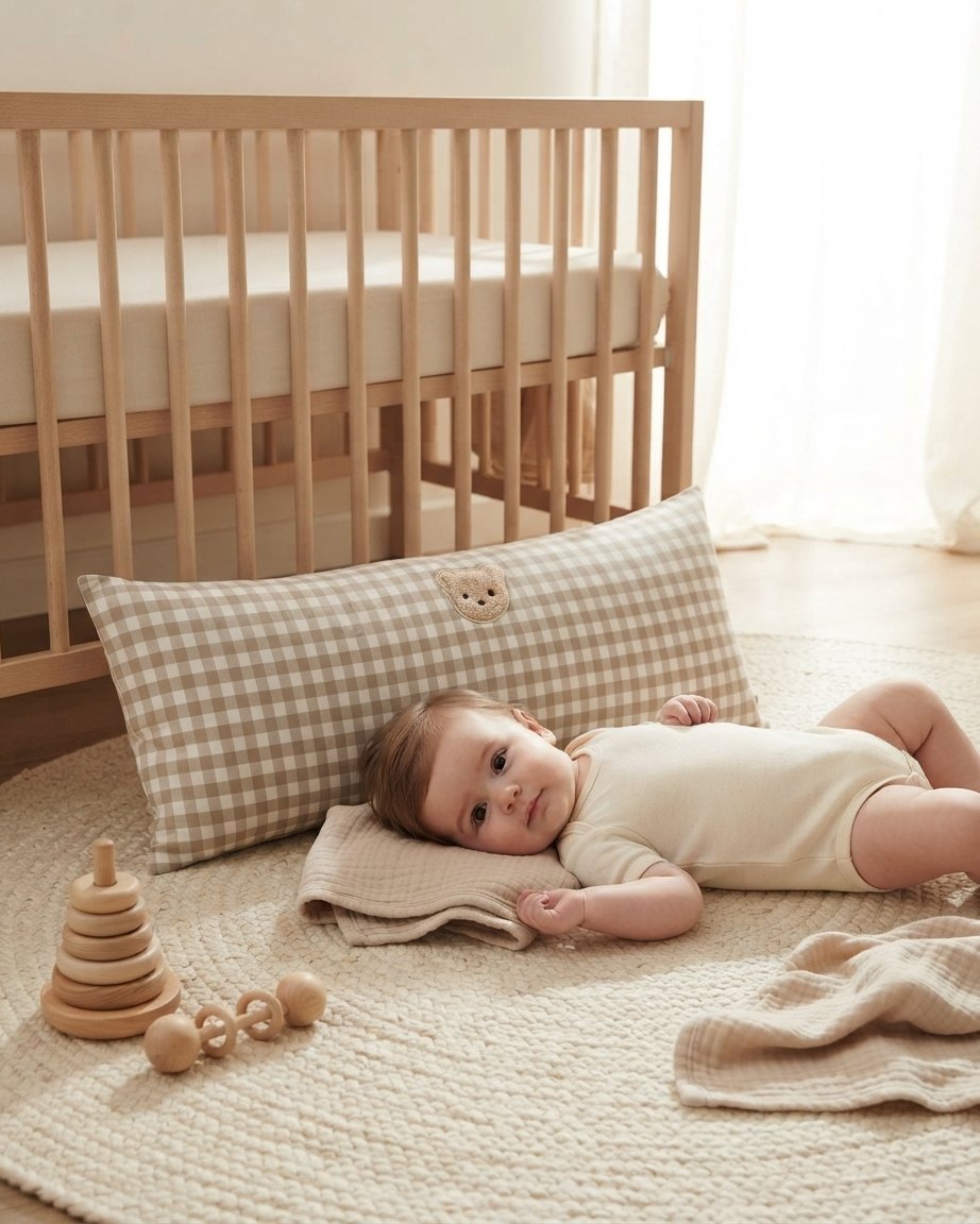 Baby Pillow with Gingham Bear Patch, Cotton