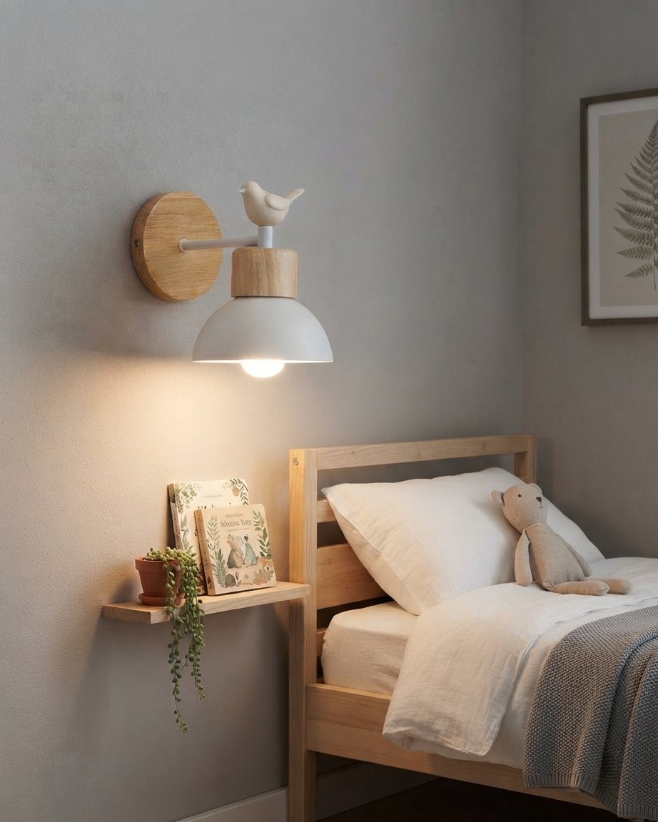 Bird Wall Light, Metal & Wood Sconce for Children's Room