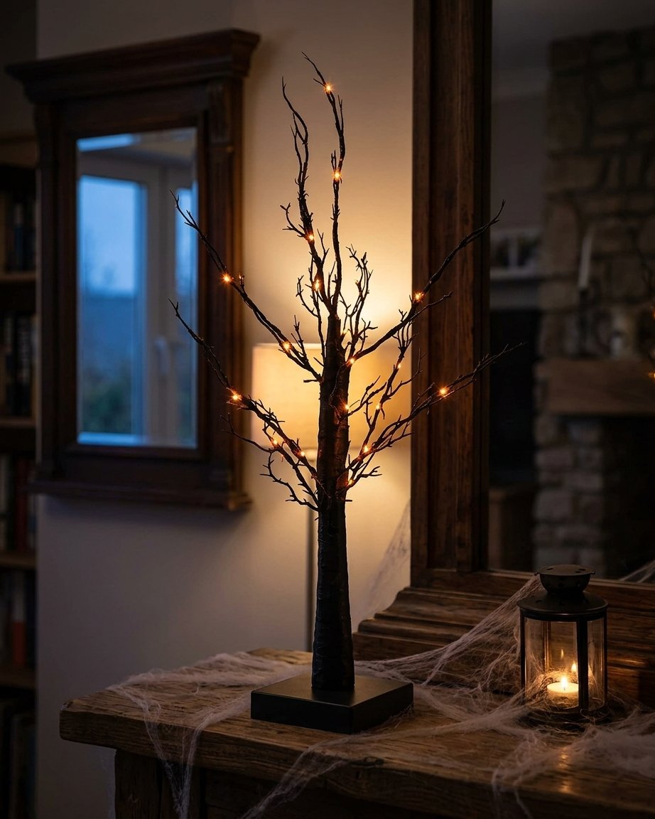 Black Glitter Halloween Tree with 40 Orange LED Lights and Built-in Timer, 60 cm