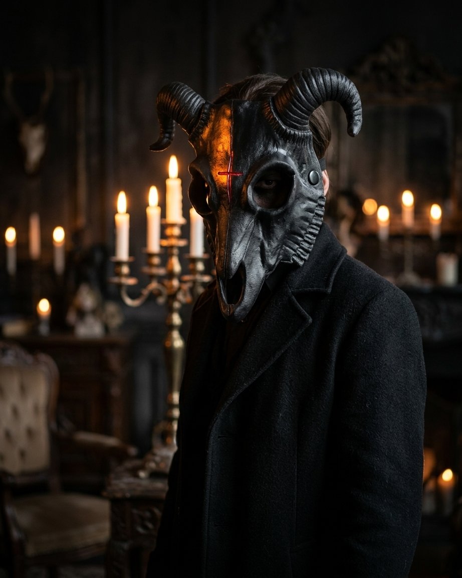 Black Ram Skull Mask with Curved Horns and Red Cross Detail