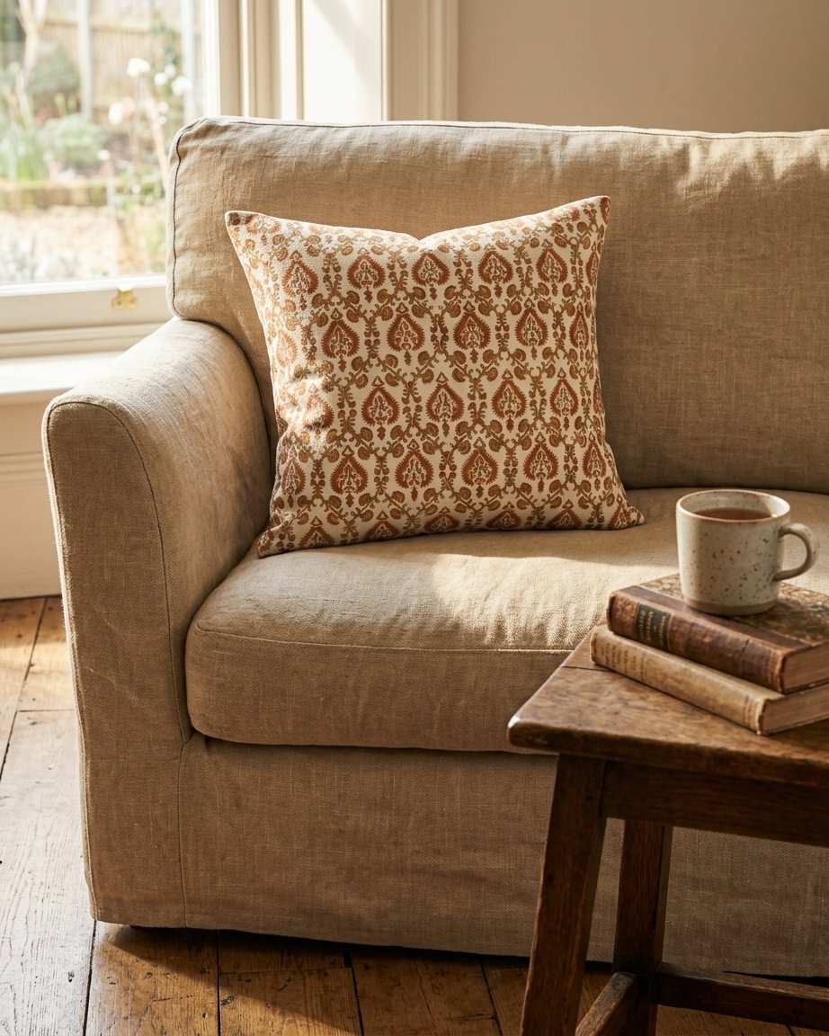Block Print Cotton Cushion Cover, Ochre Paisley, 24x24 in