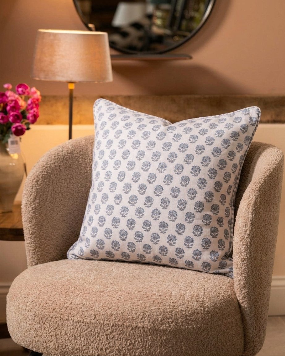 Block Print Cotton Cushion with Feather Pad, 2 Sizes