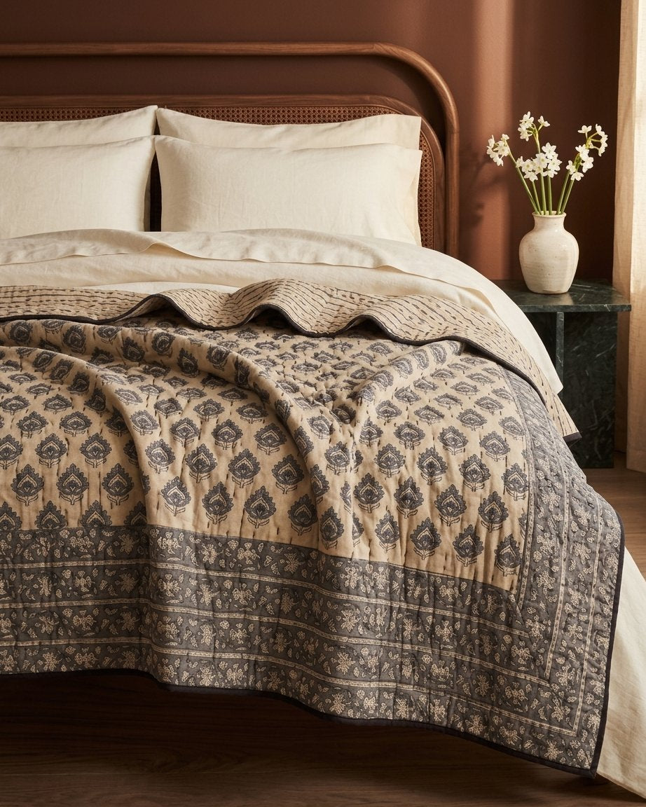 Block-Print Kantha Bedspread, Dark Blue & Cream