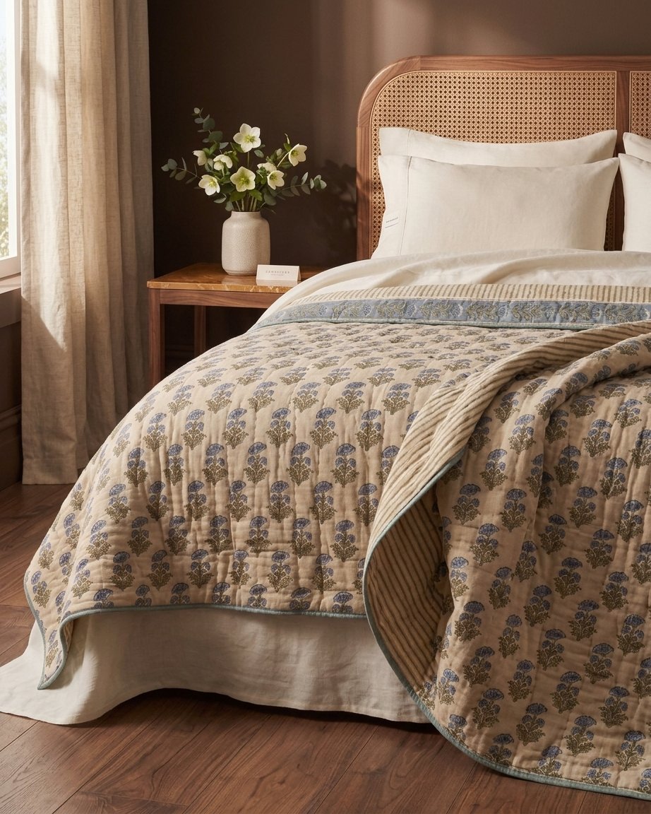 Block-Print Kantha Bedspread, Dusty Blue Floral
