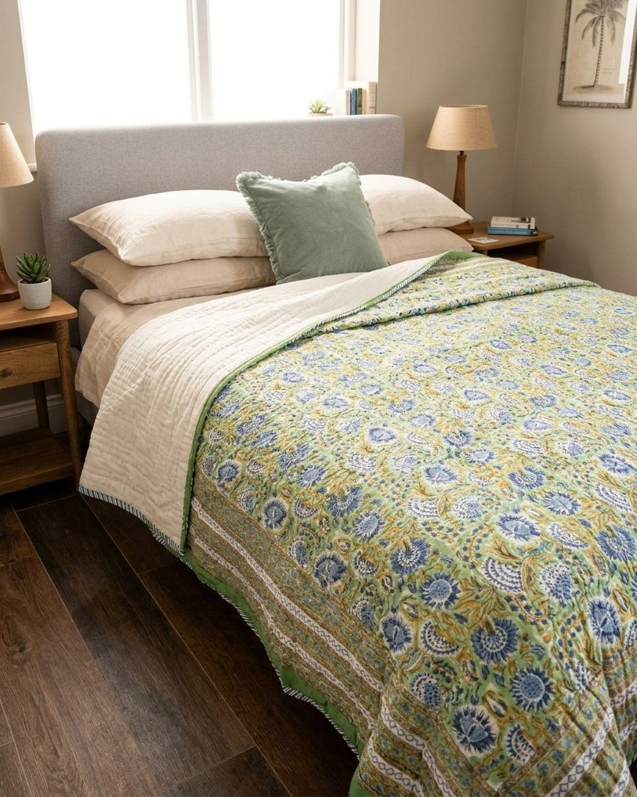 Block Print Quilted Bedspread, Green & Blue Floral