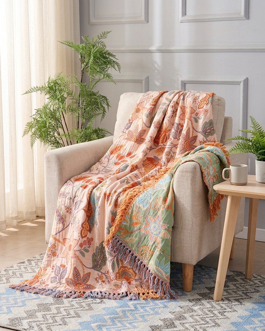 Boho Floral Tassel Throw Blanket – Woven Cotton Blend