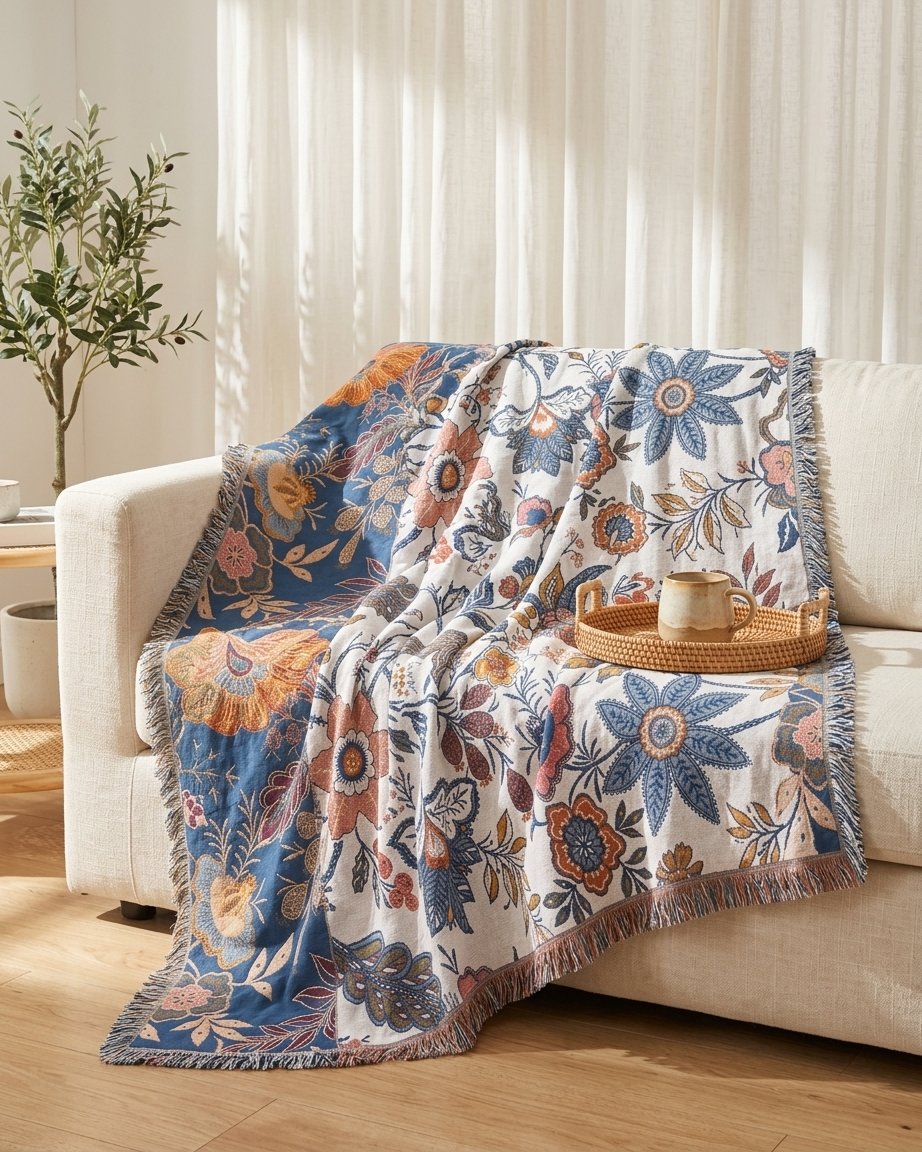 Boho Floral Throw Blanket with Fringe, Cotton-Polyester Blend