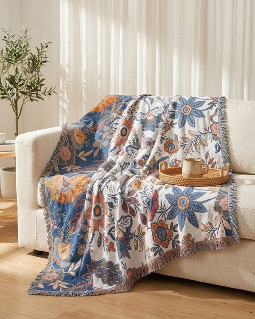 Boho Floral Throw Blanket with Fringe, Cotton-Polyester Blend