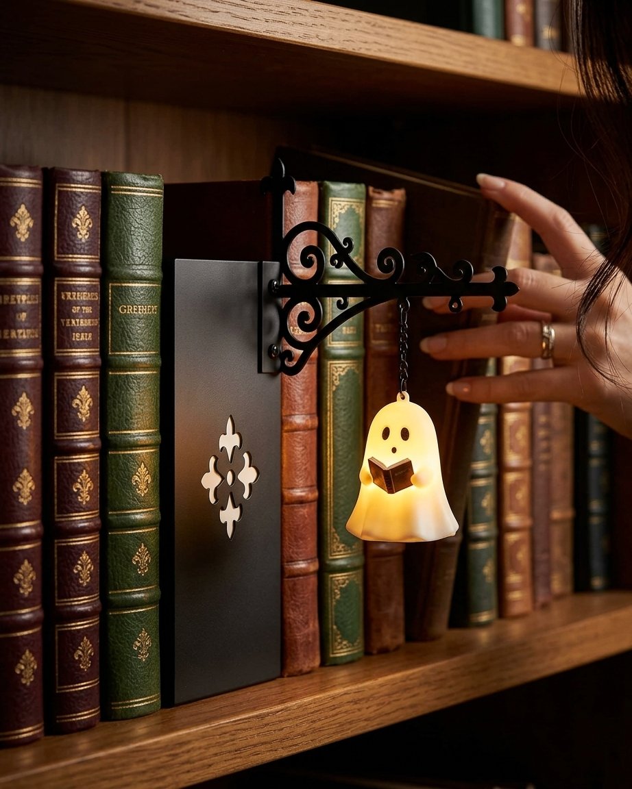 Bookshelf Hanging Lantern with Ghost Figure and Decorative Metal Bracket