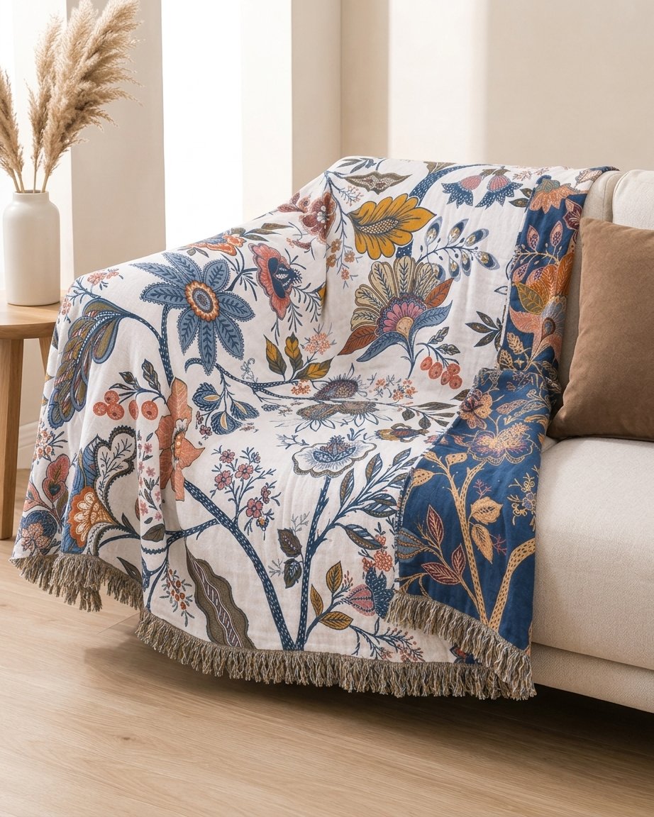 Botanical Tassel Throw – Reversible Double-Sided Cotton