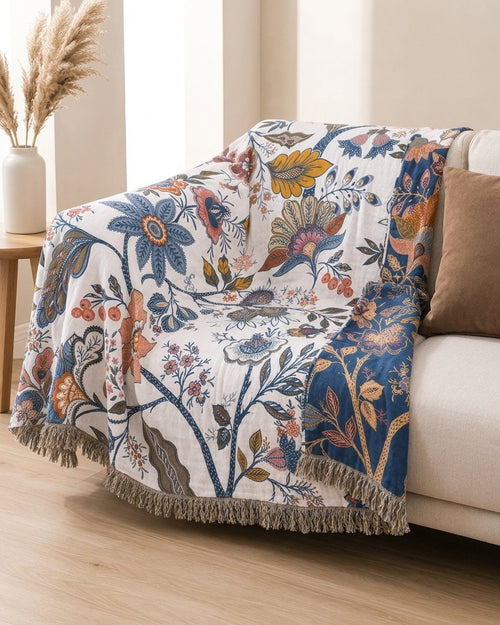 Botanical Tassel Throw – Reversible Double-Sided Cotton