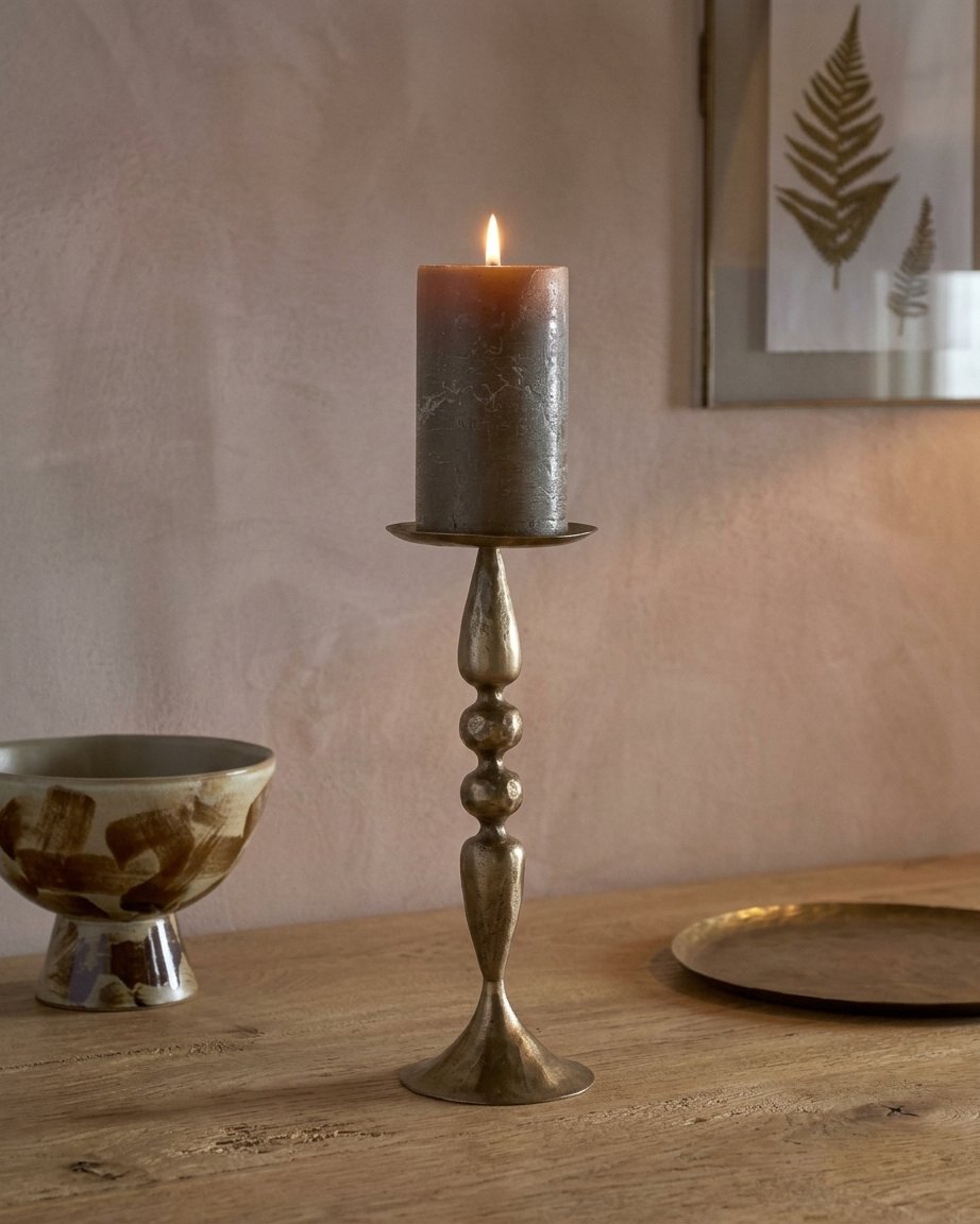 Brass Pillar Candle Holder, Turned Iron Stand