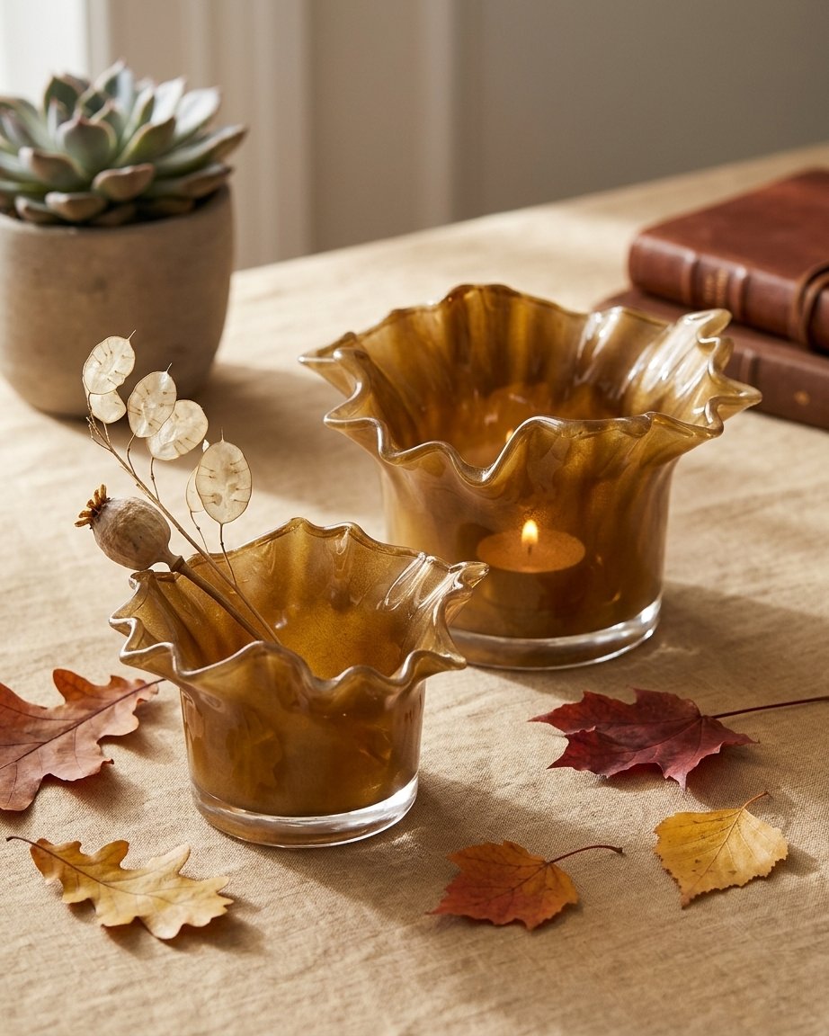 Caramel Glass Votives with Ruffled Edge, Set of 2