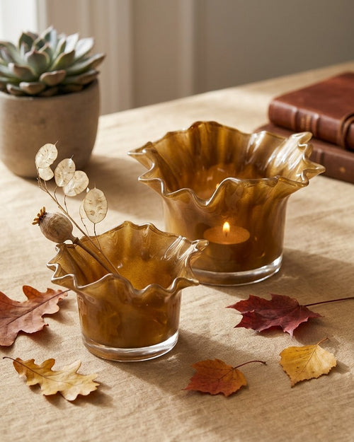 Caramel Glass Votives with Ruffled Edge, Set of 2