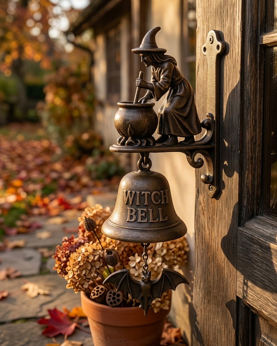 Cast Iron Witch Bell Wall Bracket – Decorative Door Bell with Bat Clapper