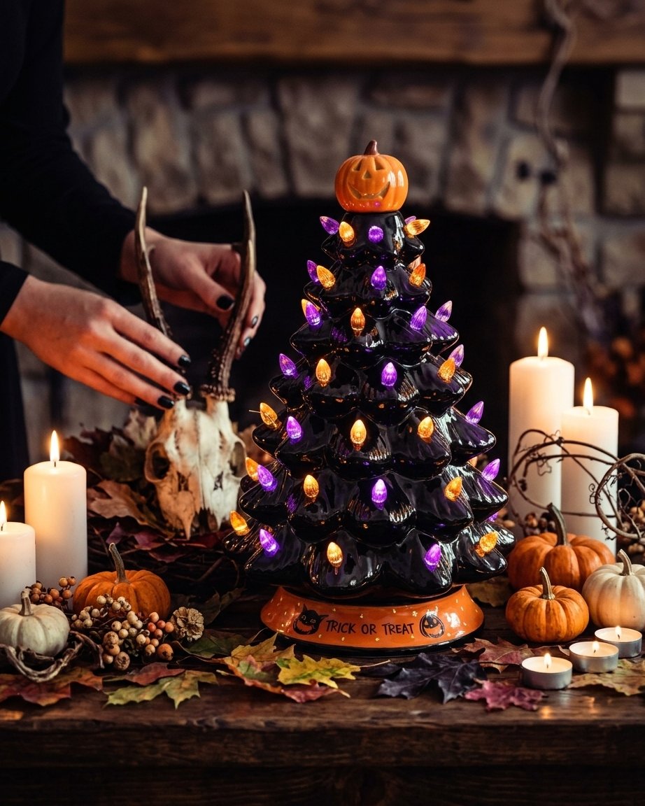 Ceramic Halloween Holiday Tree with Glowing LED Lights and Pumpkin Topper