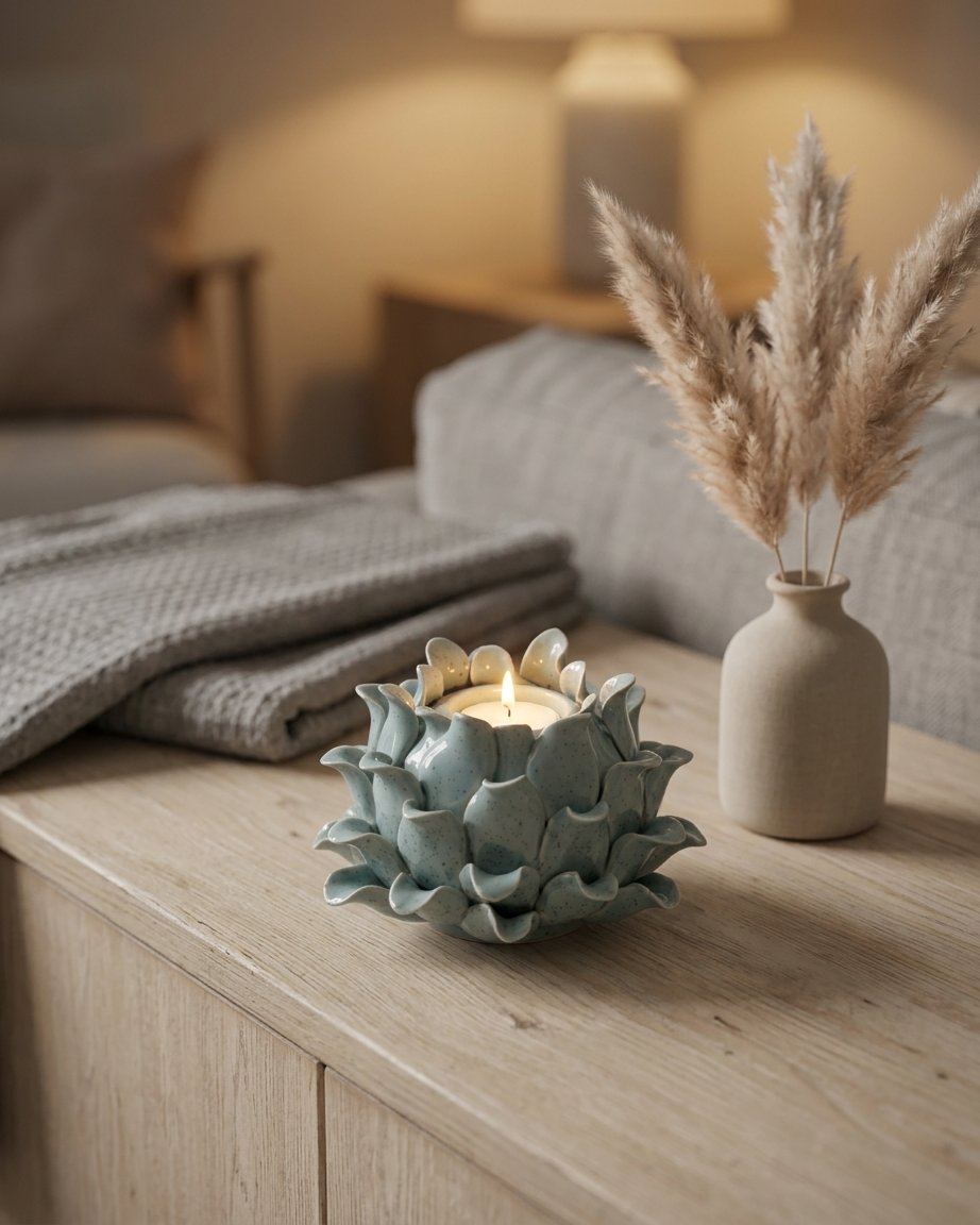 Ceramic Petal Tealight Holder in Sage Blue