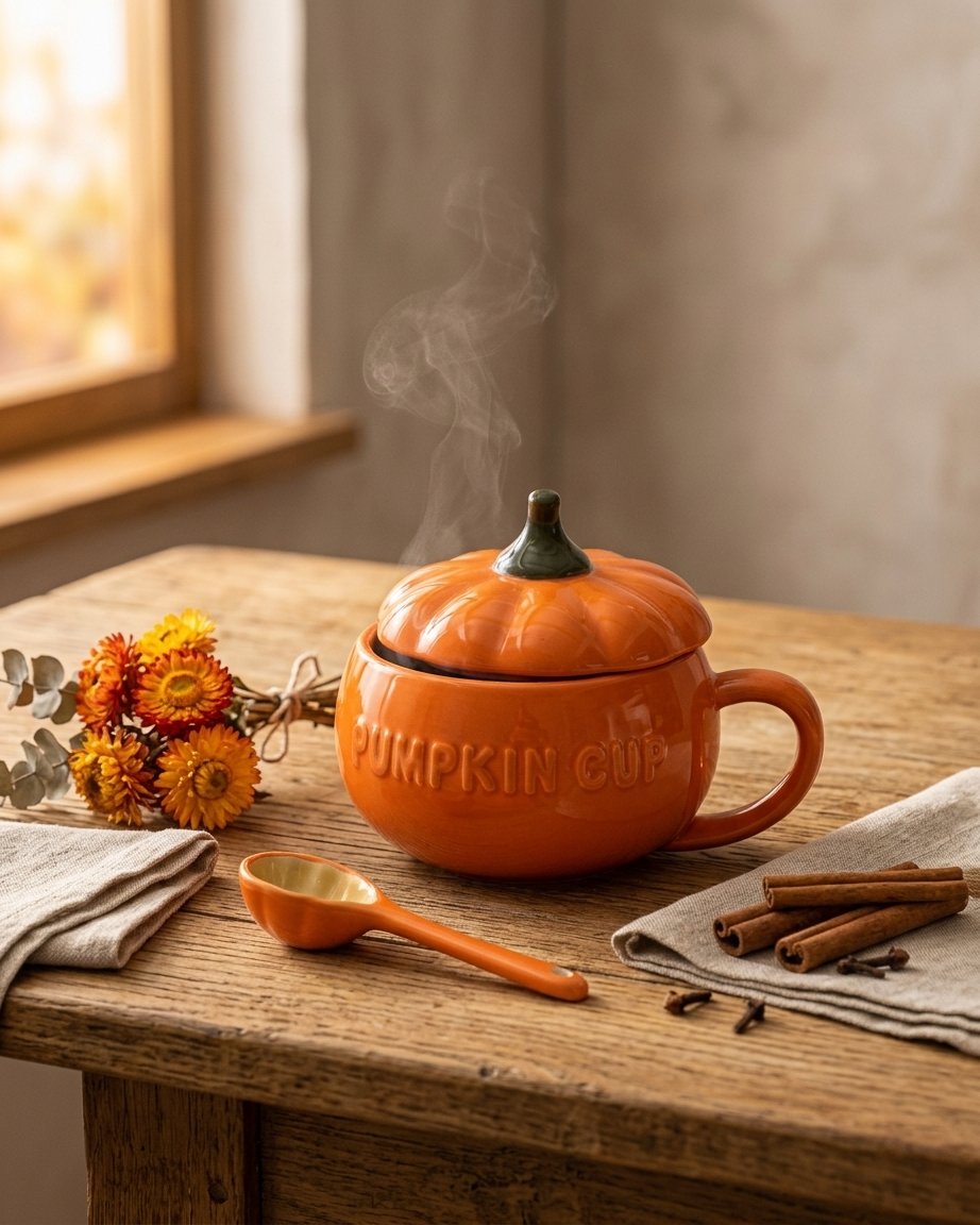 Ceramic Pumpkin Mug with Lid and Spoon – Seasonal Novelty Cup for Hot and Cold Drinks