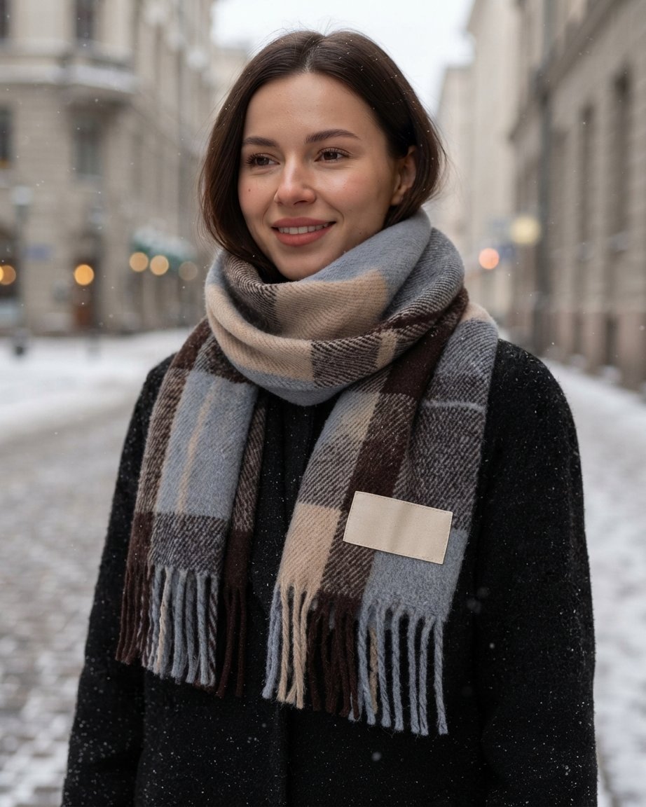 Check Winter Scarf with Fringed Edges