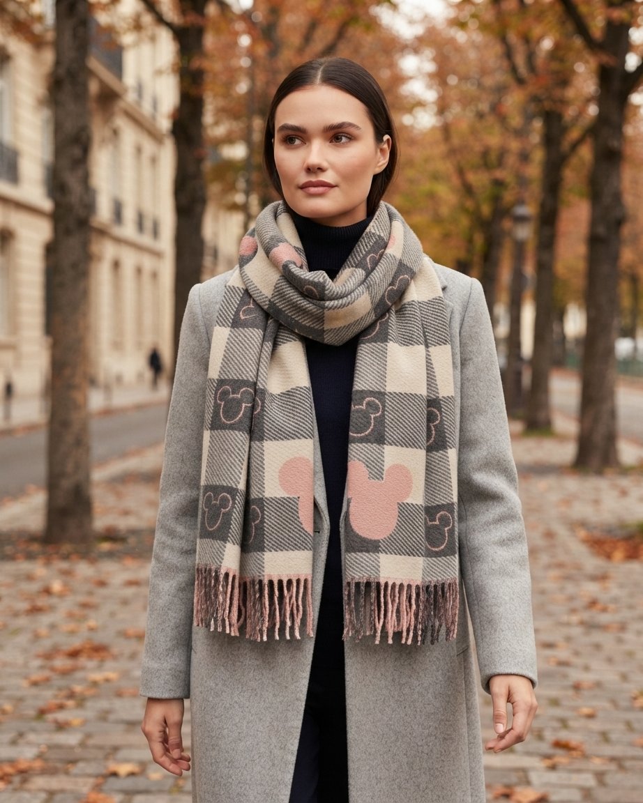 Checked Winter Scarf with Motif Print and Tassels
