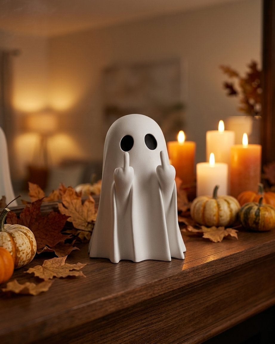 Cheeky Ghost Figurine with Middle Finger Gesture – Matte Resin Tabletop Decoration