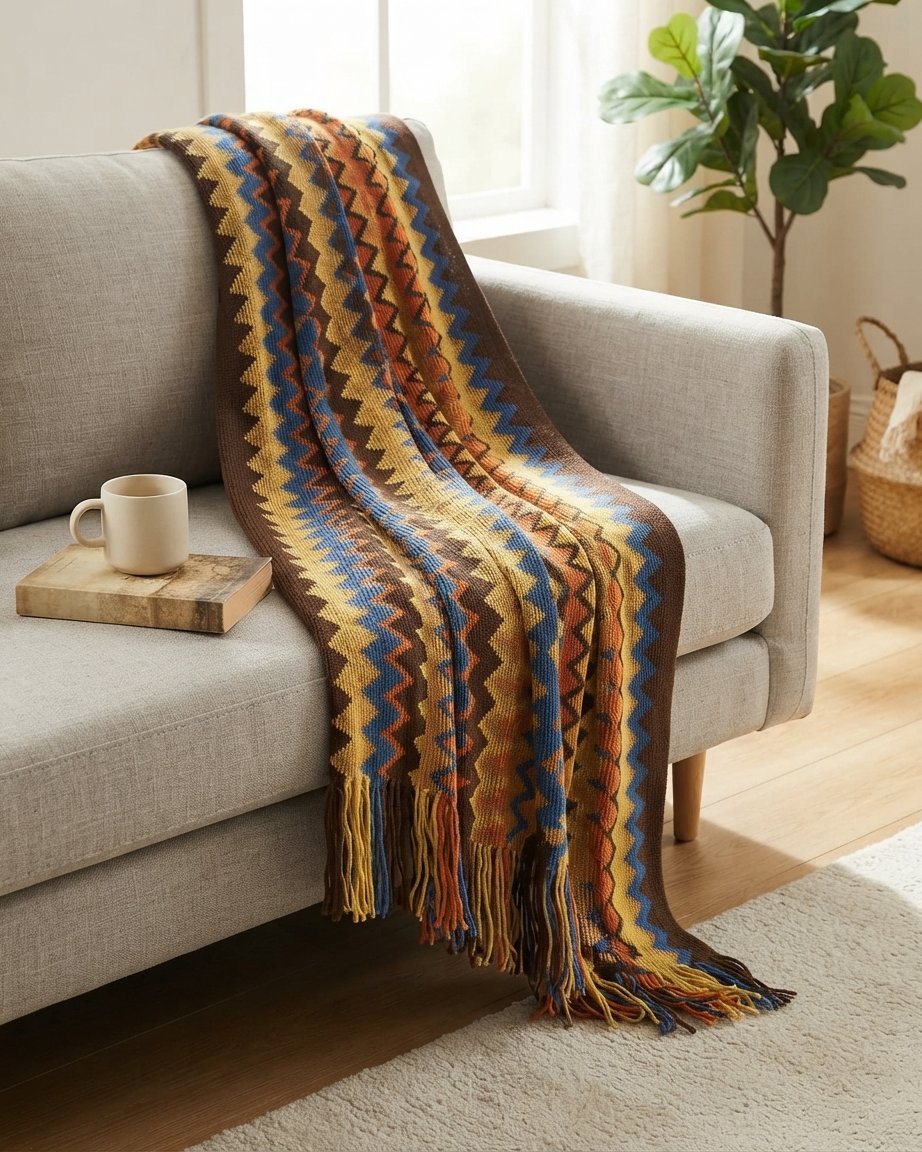 Chevron Knit Throw Blanket with Fringe, Boho Pattern