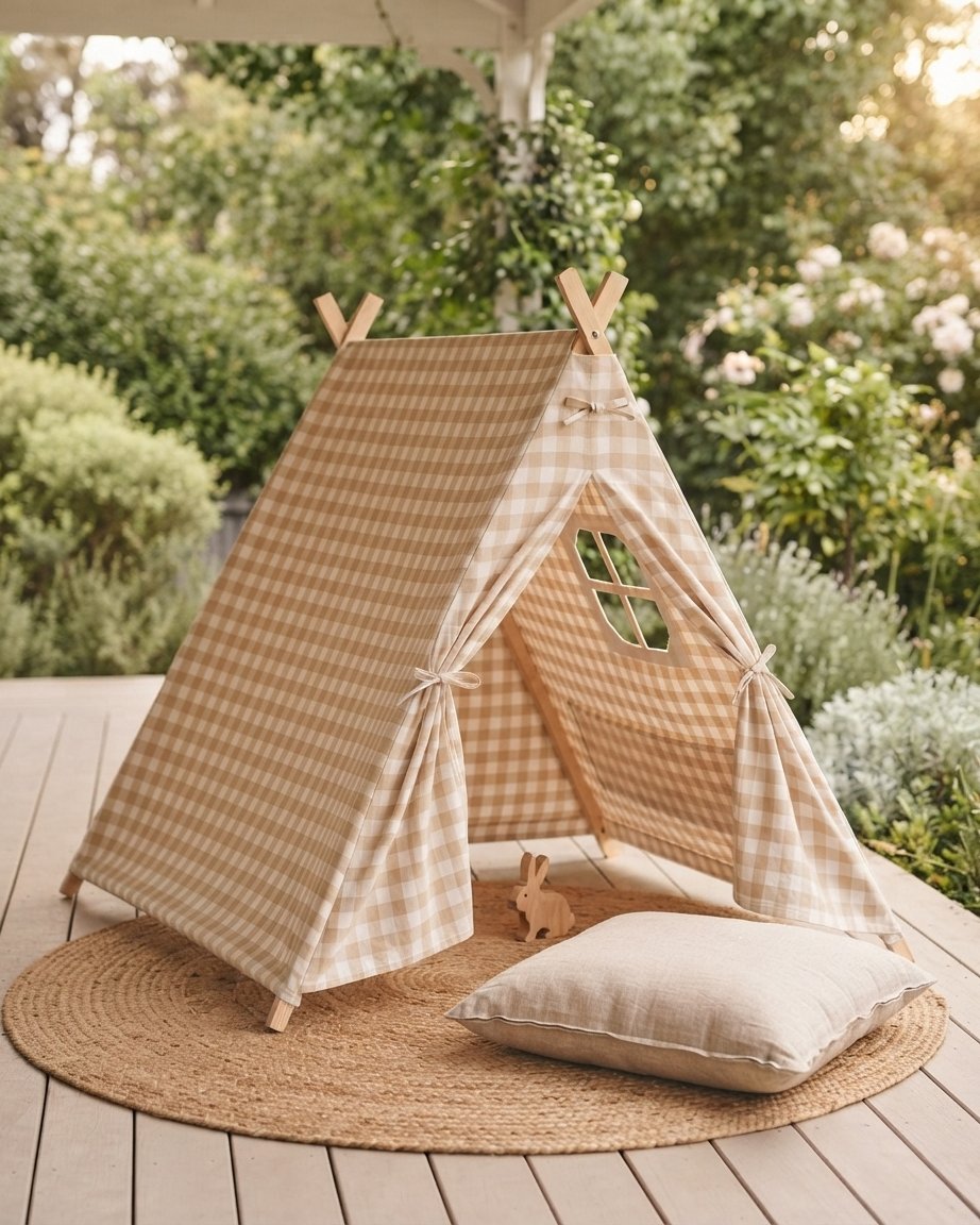 Children's A-Frame Play Tent in Beige Gingham Canvas