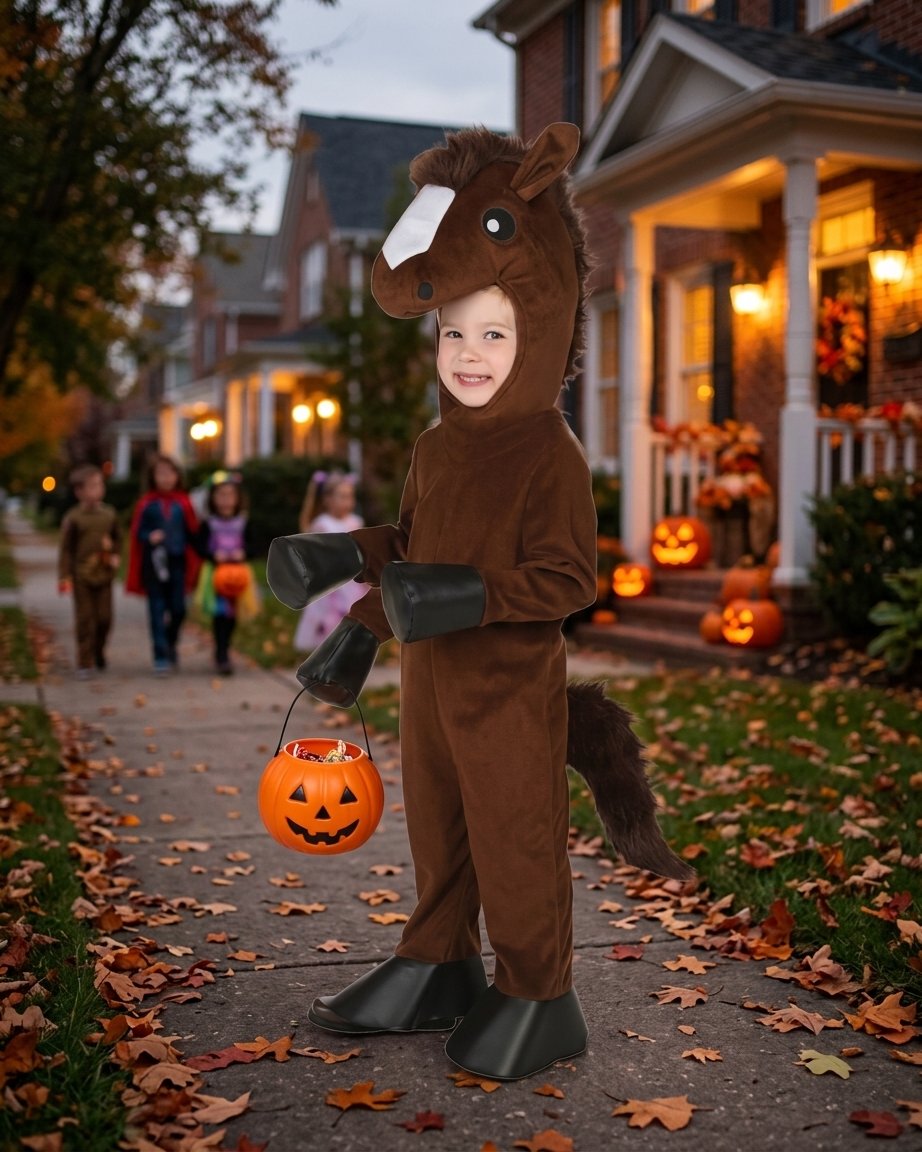 Children's Animal Horse Costume Set with Plush Hood, Jumpsuit, Mittens and Shoe Covers