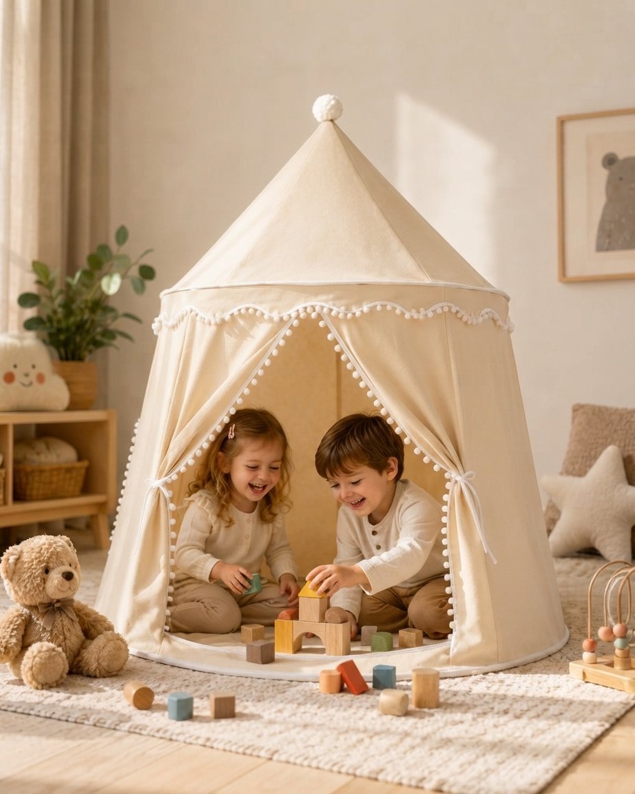 Children's Castle Play Tent with Pom-Pom Trim, Beige
