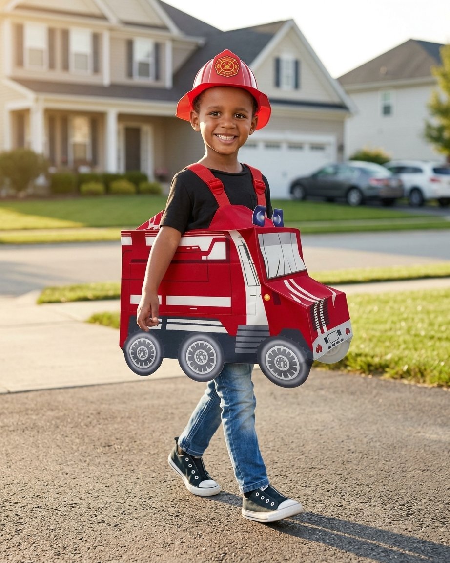Children's Fire Engine Dress-Up Costume with Firefighter Hat, Reflective Stripes and Badge