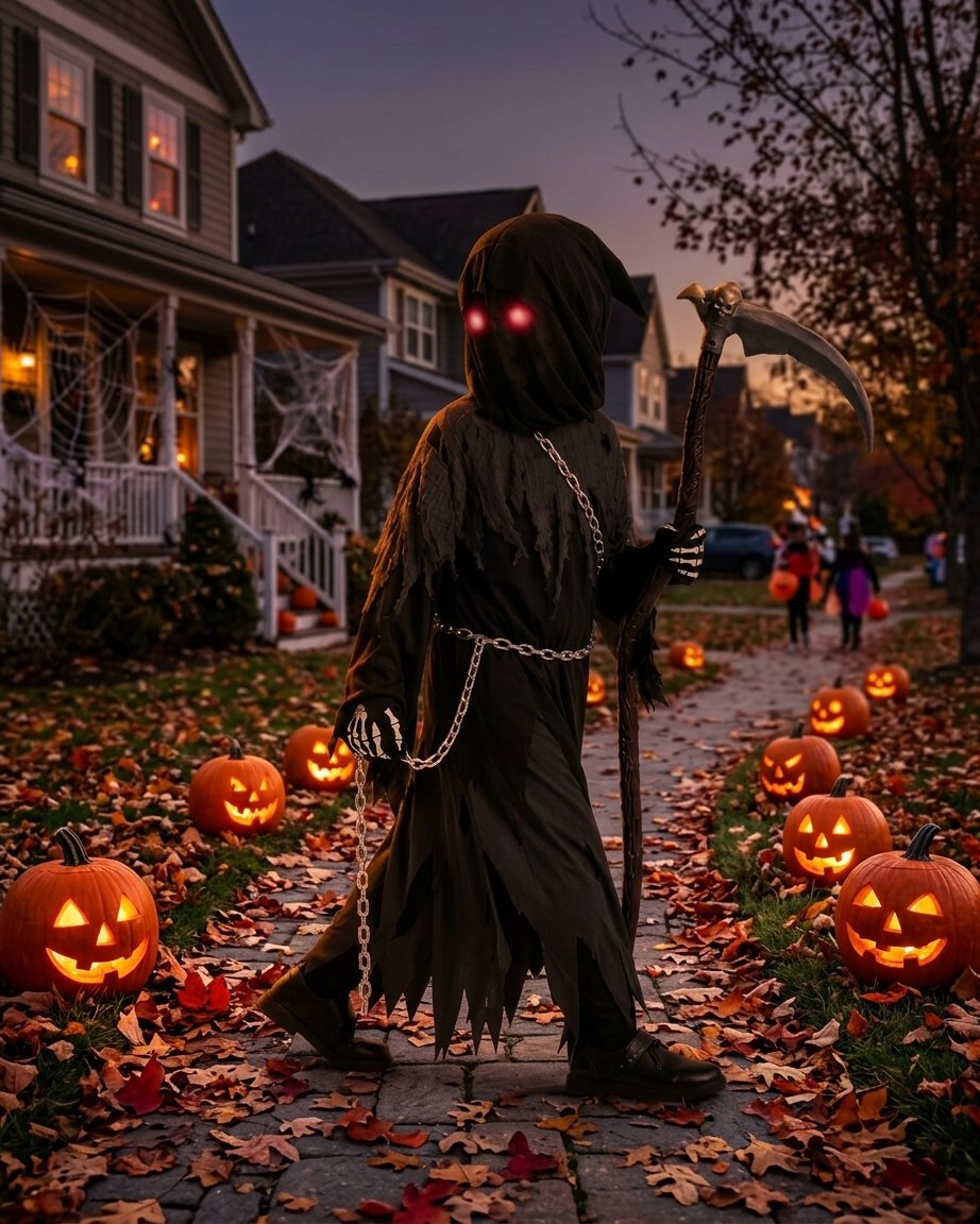 Children's Grim Reaper Halloween Costume Set with Glowing Red Eyes and Toy Scythe