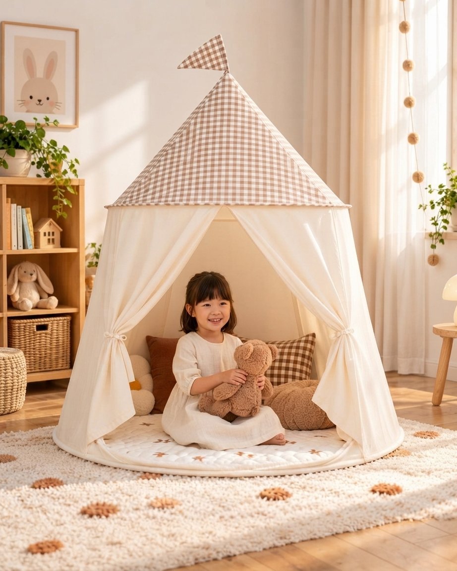 Children's Pop-Up Play Tent with Gingham Roof and Flag