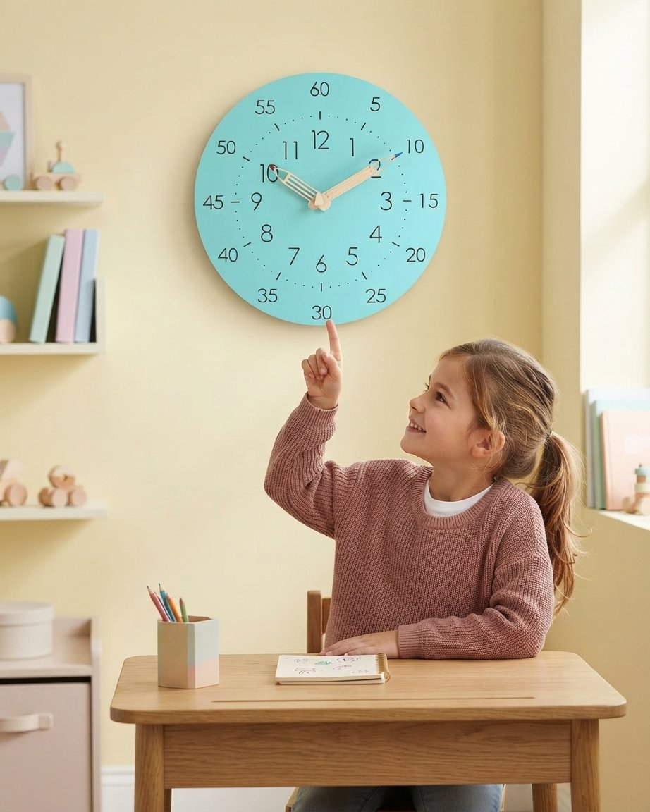 Children's Silent Learning Wall Clock with Pencil Hands, 30 cm