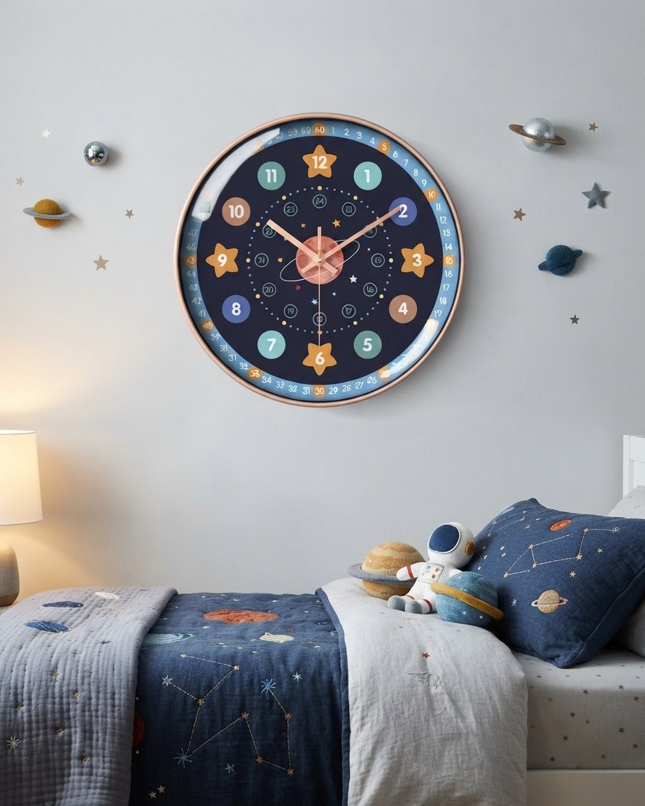 Children's Silent Wall Clock, Space Design, 12 Inch