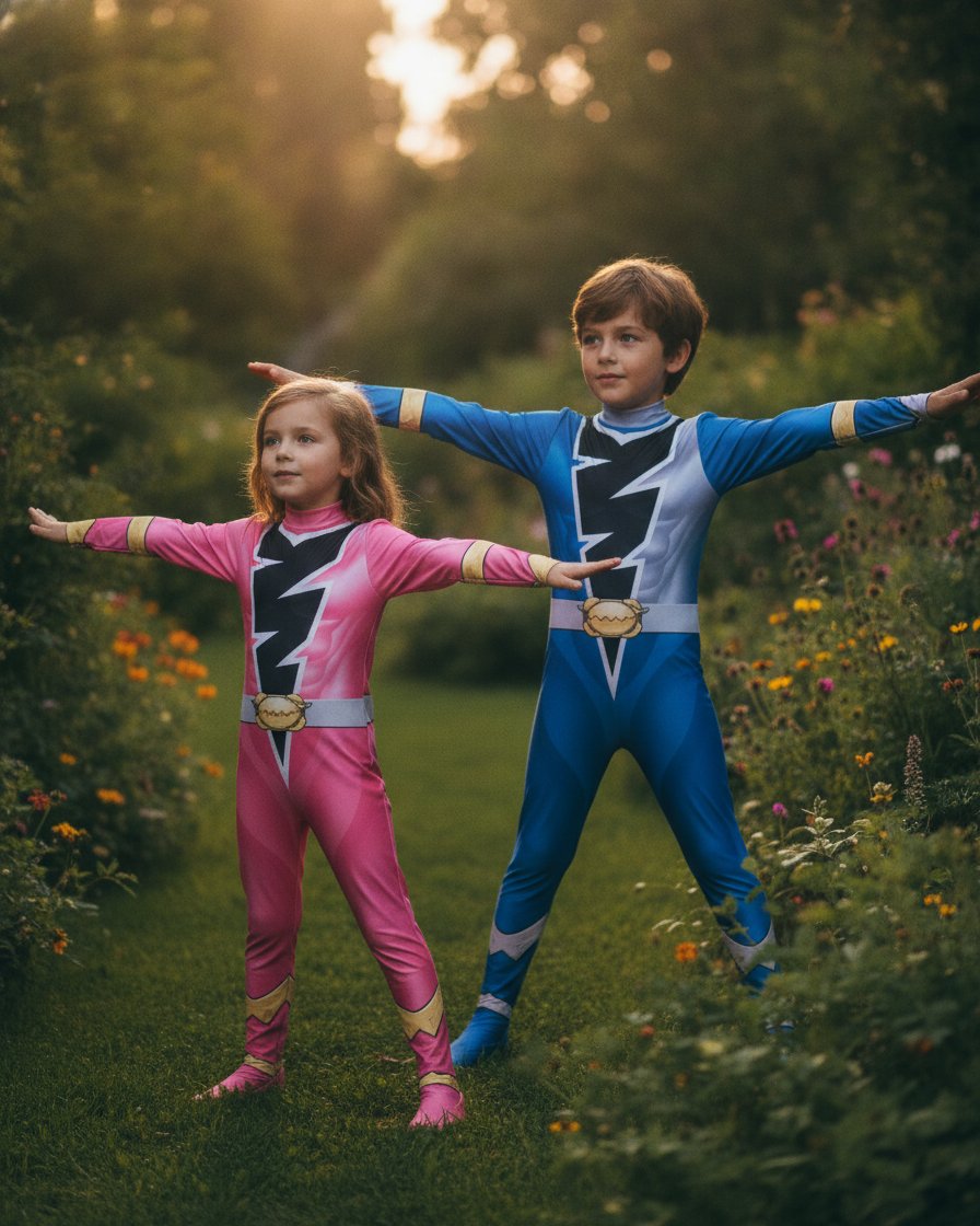 Children's Superhero Lightning Bolt Full-Body Jumpsuit Costume with Integrated Hood Mask, Gloves and Feet