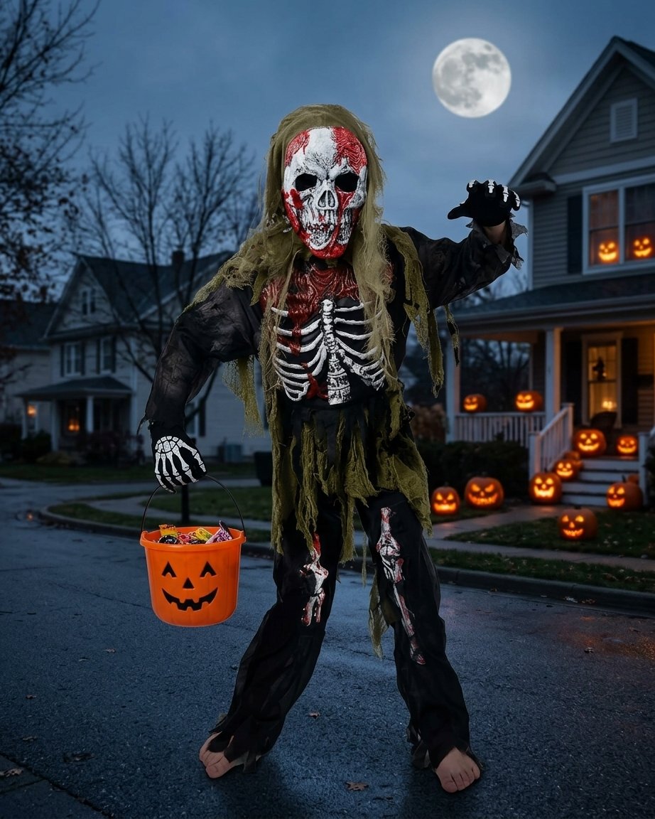 Children's Zombie Skeleton Halloween Costume Set with Skull Mask and Skeleton Gloves