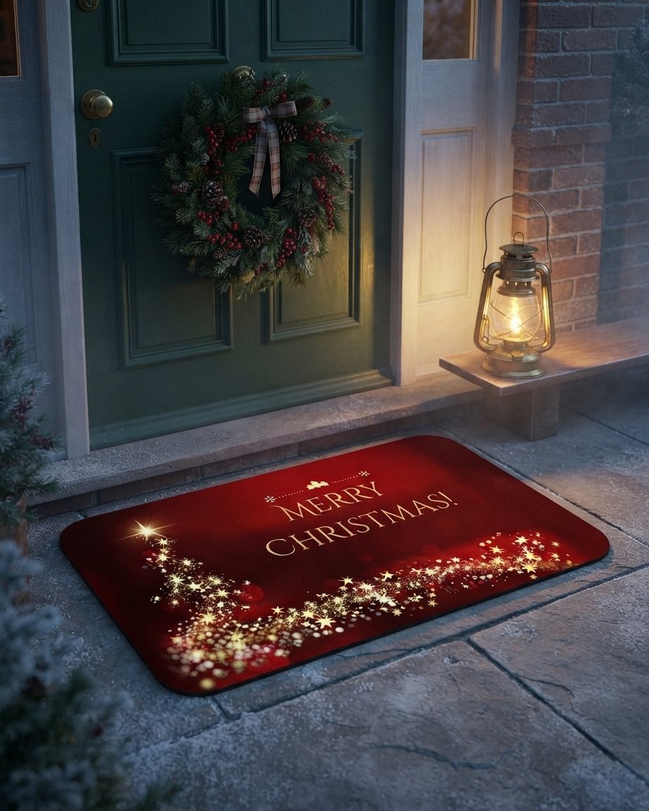 Christmas Door Mat with Golden Star Swirl, Non-Slip