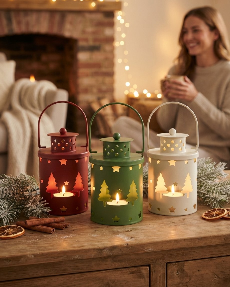 Christmas Metal Lantern Set with Festive Cut-Out Designs