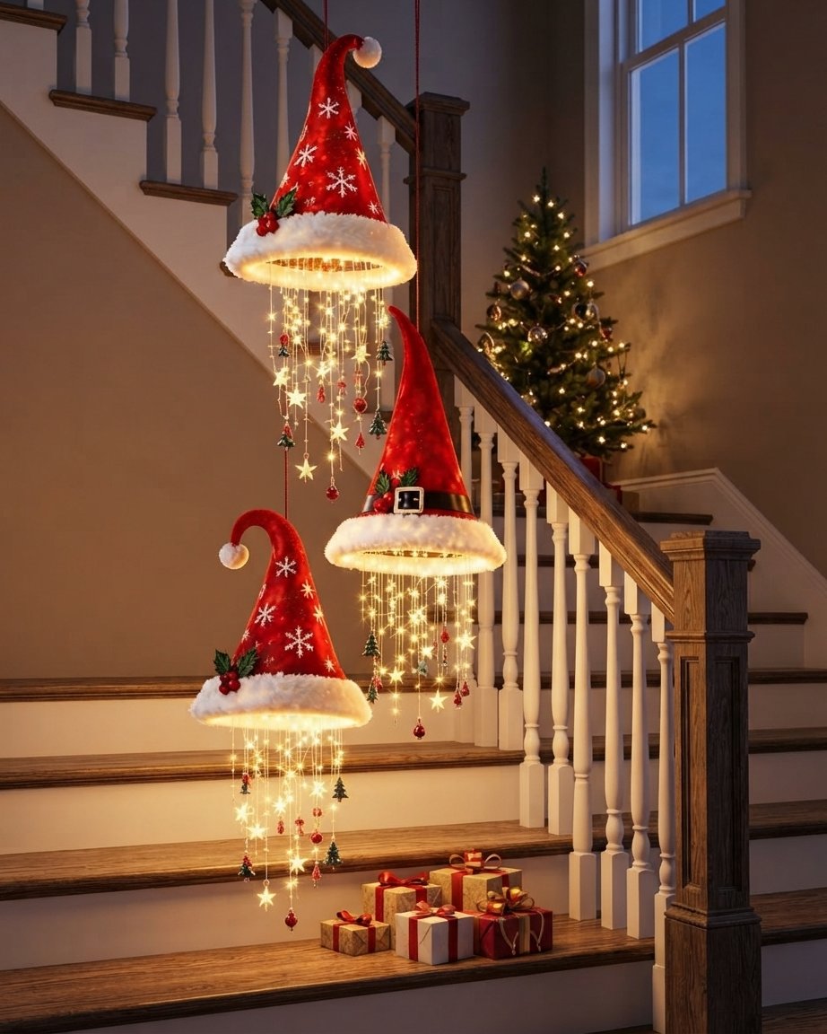Christmas Santa Hat Hanging Light Chandelier with LED Tassels