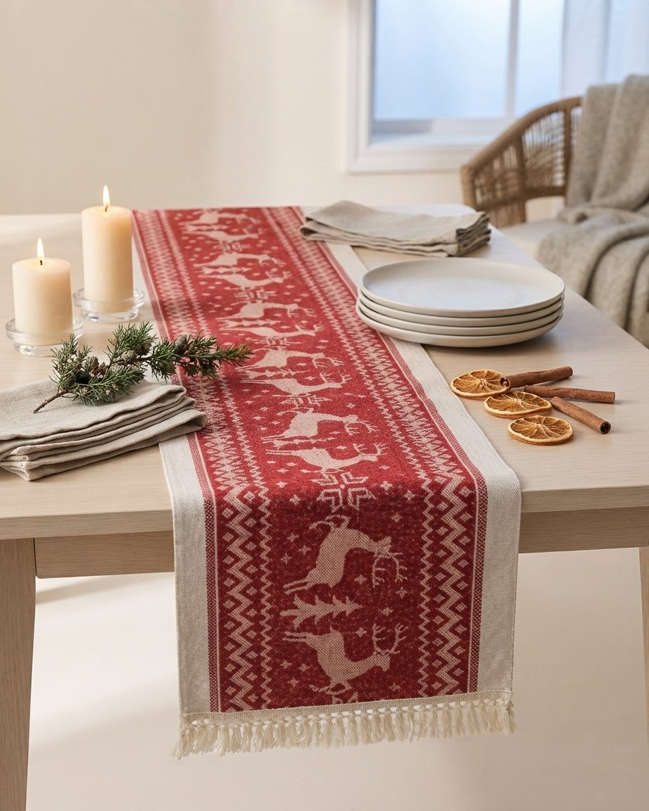 Christmas Table Runner with Reindeer and Tassel Edges